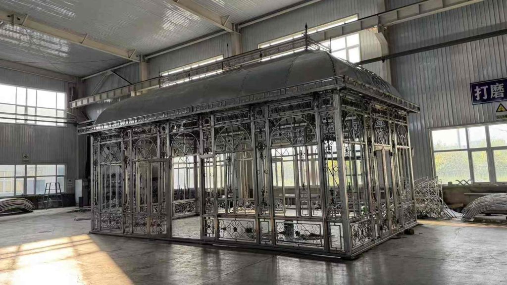 Full exterior view of custom Victorian greenhouse gazebo fully assembled in factory